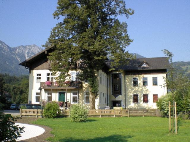 ein großes Haus mit einem Baum davor in der Unterkunft Luise Wehrenfennig & Haus EvA in Bad Goisern