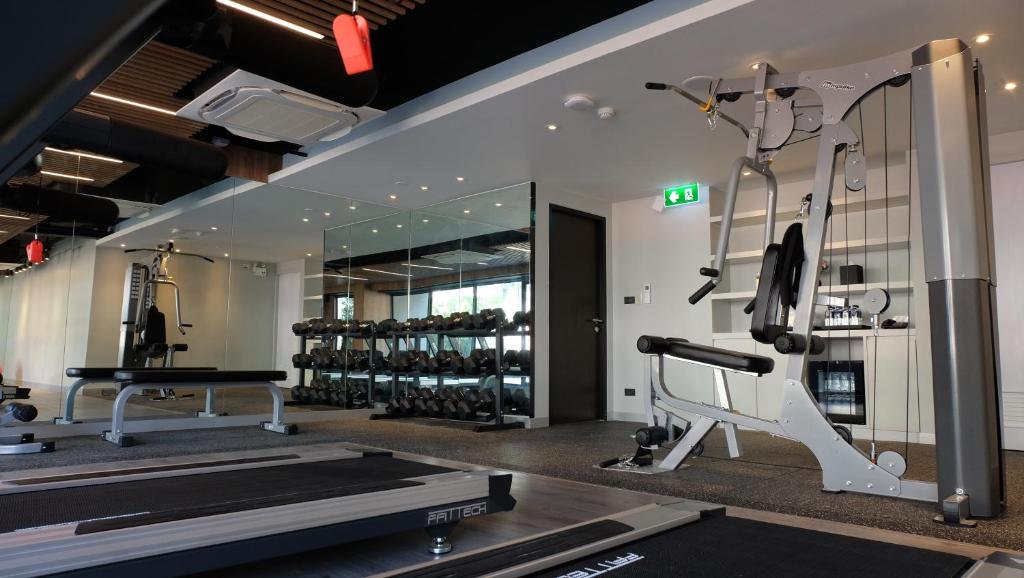 A mirrored hotel gym with treadmills, free weights and a multi-station machine.