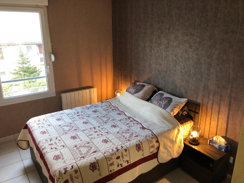 sypialnia z łóżkiem i oknem w obiekcie Confort d’Ange w mieście Vaulx-en-Velin