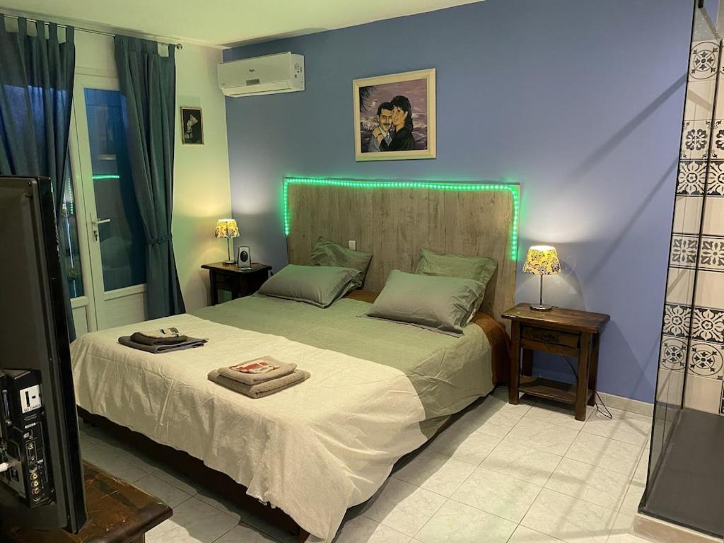 a bedroom with a bed with green lights on it at Villa SPA Piscine : entre mer et montagne in Foissac