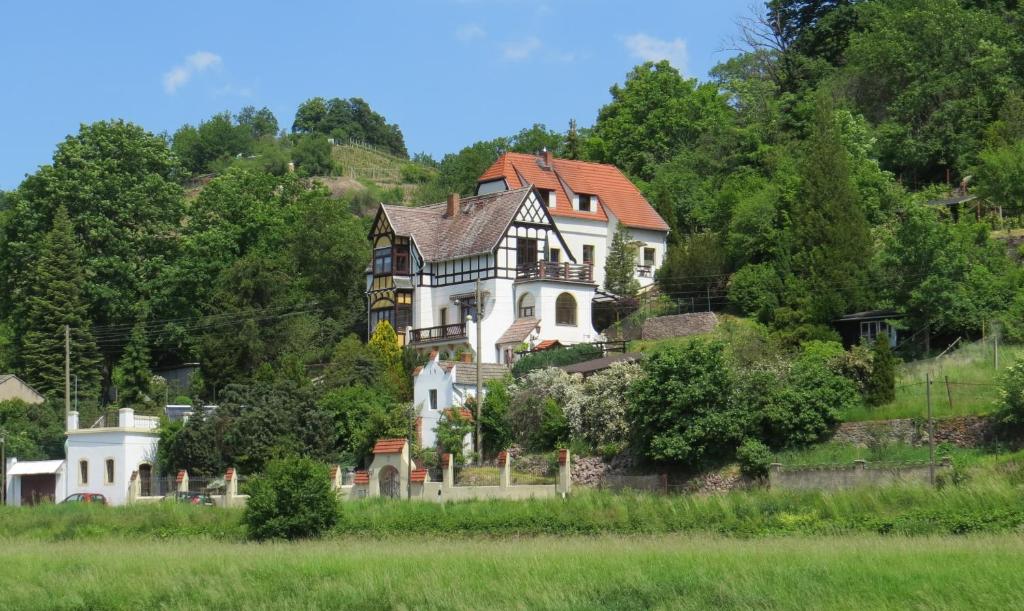 a large house sitting on top of a hill at Ferienwohnung Elbsommer am Weinberg in Meißen