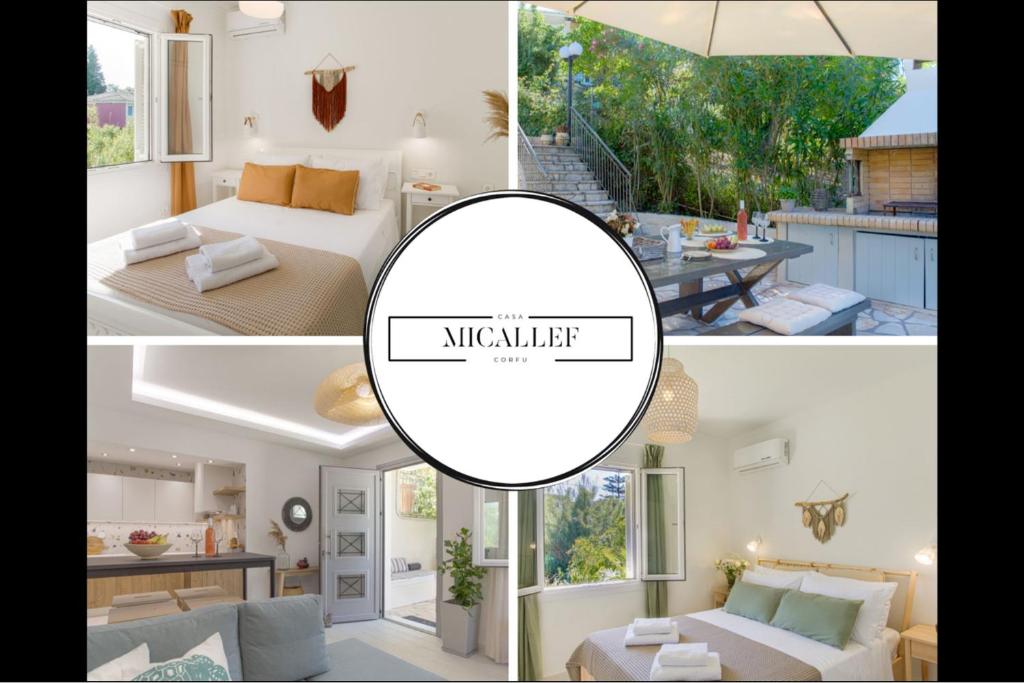 a collage of three pictures of a bedroom and a living room at Casa Micallef Corfu in Kontokali
