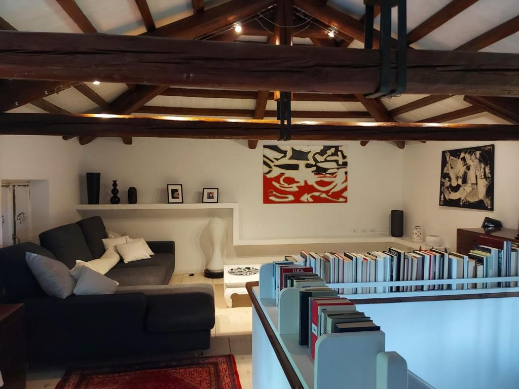 a living room with a couch and a lot of books at Casa sulla roggia in Lumignacco