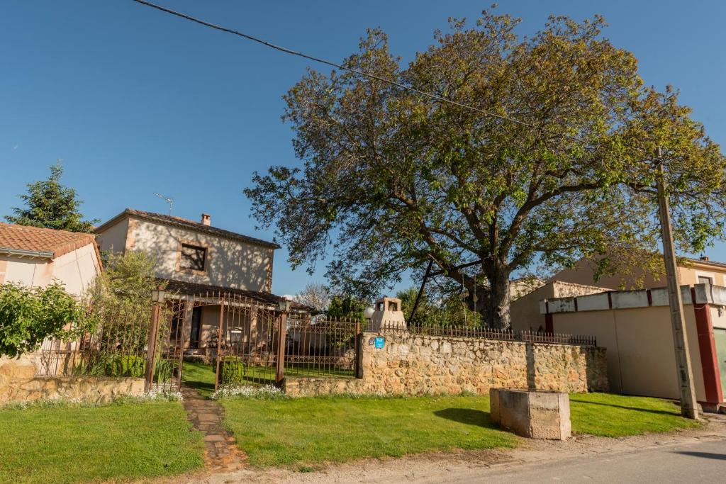 una casa con una valla de piedra y un árbol en VuT El Pozo la Carrera, en San Pedro de Gaíllos