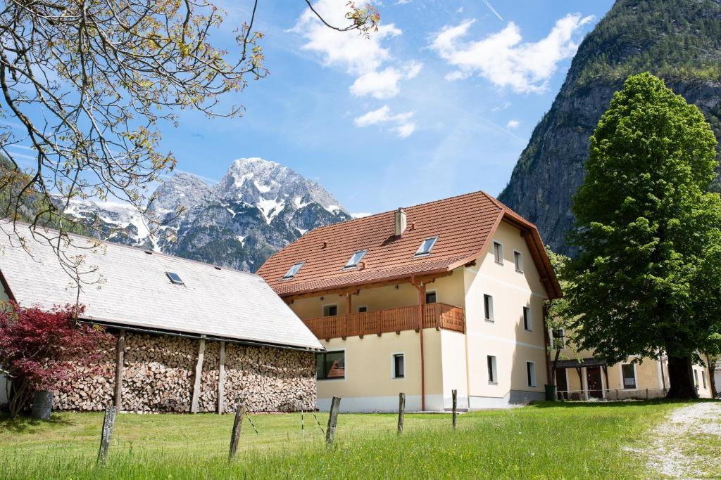 a building with a mountain in the background at Apartments and rooms Nataša 1 in Trenta