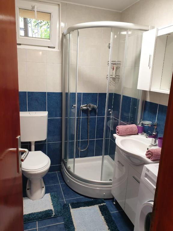 łazienka z prysznicem, toaletą i umywalką w obiekcie Apartment Jelena w Kotorze