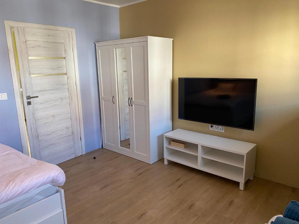 Televízia a/alebo spoločenská miestnosť v ubytovaní Apartament MRĄGOWIA