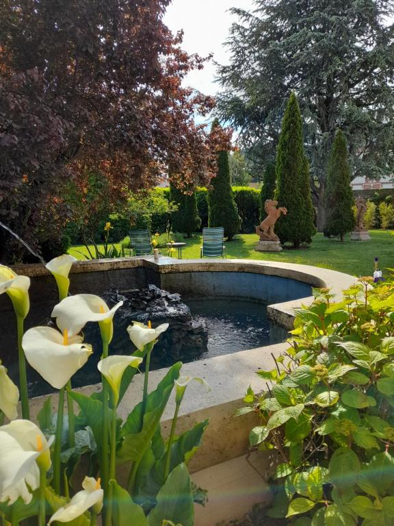 a pond in a garden with white flowers at Demeure de Manneville - SPA - 1Km des plages de Cabourg in Dives-sur-Mer