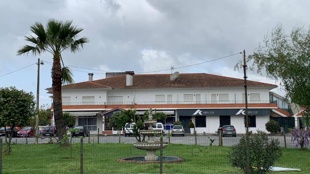 a building with a palm tree in front of it at Kualquer Koisa in Tondela