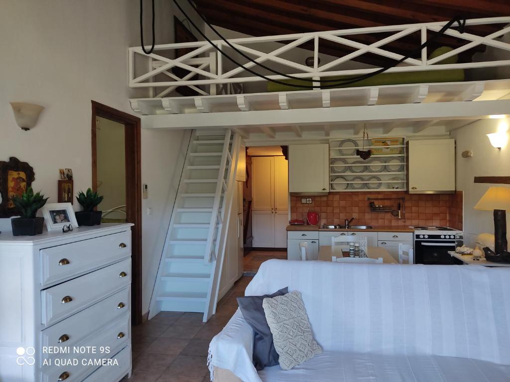 a bedroom with a loft bed and a kitchen at VILLA VICTORIA in Ditropo