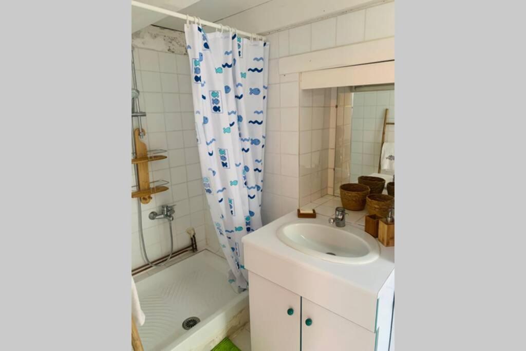 baño con lavabo y cortina de ducha en le hameau de Sylvanes, en Sylvanès