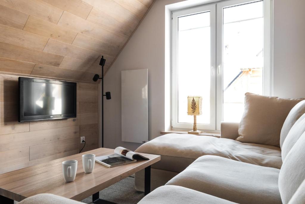 Televízia a/alebo spoločenská miestnosť v ubytovaní Apartamenty Butorowy Zakopane