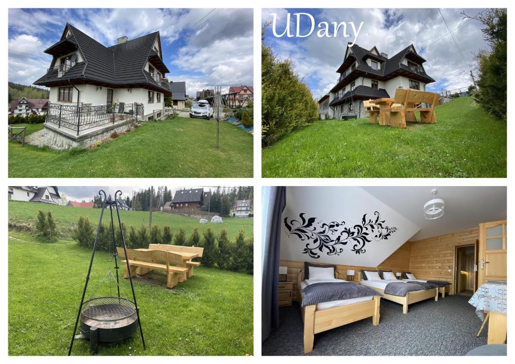 a collage of four pictures of a house at uDany in Brzegi