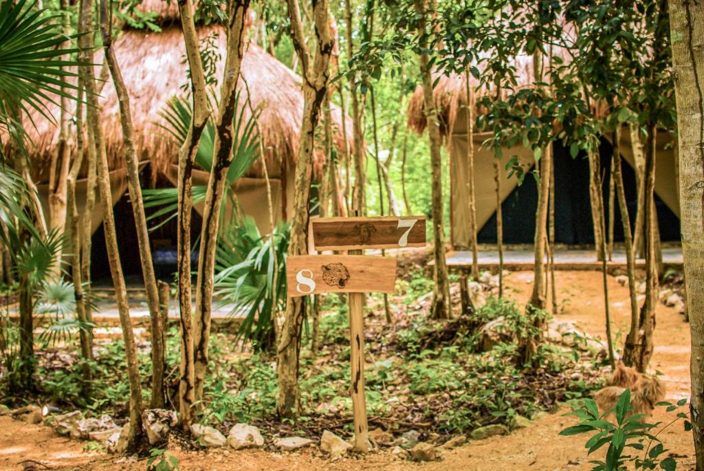 una señal en medio de un bosque de árboles en Akumal Natura Glamping, en Akumal