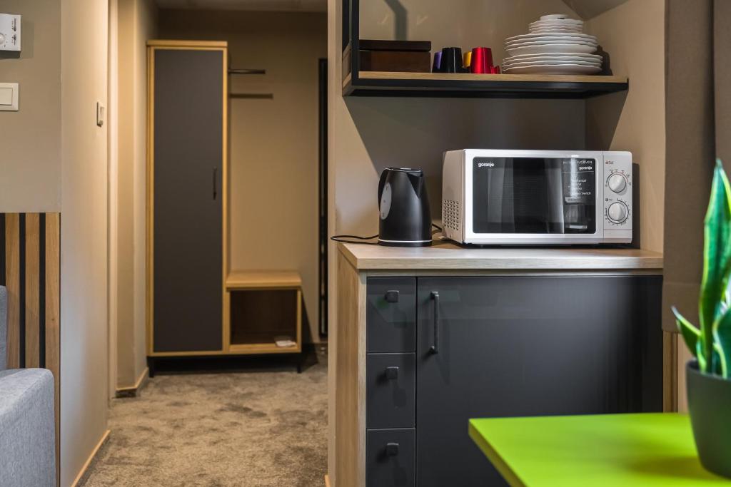 Kuchyň nebo kuchyňský kout v ubytování Oliva Hotel