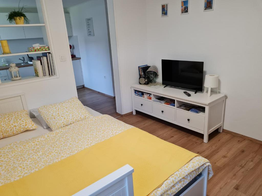 ein Schlafzimmer mit einem Bett und einem TV auf einem weißen Schrank in der Unterkunft Apartma Liza in Tržič