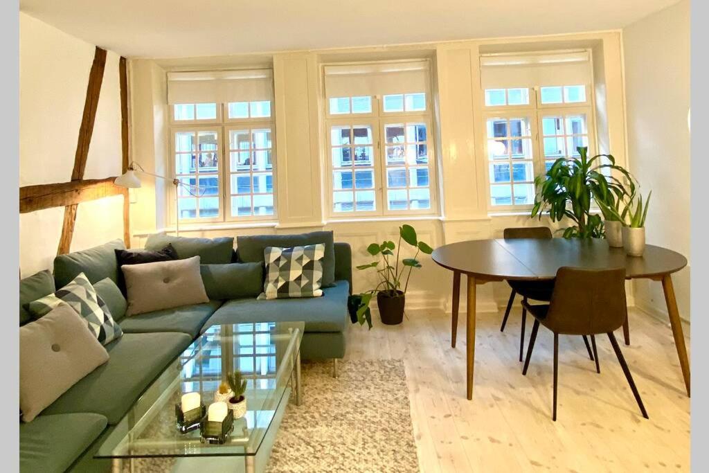 ein Wohnzimmer mit einem grünen Sofa und einem Tisch in der Unterkunft Luxury 'Kings Garden' City-Flat In Center Of Town in Kopenhagen