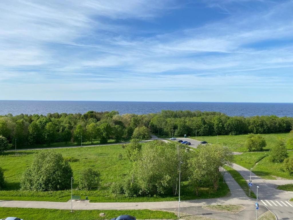 Blick auf einen Park mit dem Meer im Hintergrund in der Unterkunft Baltic dream Apartments in Sillamäe