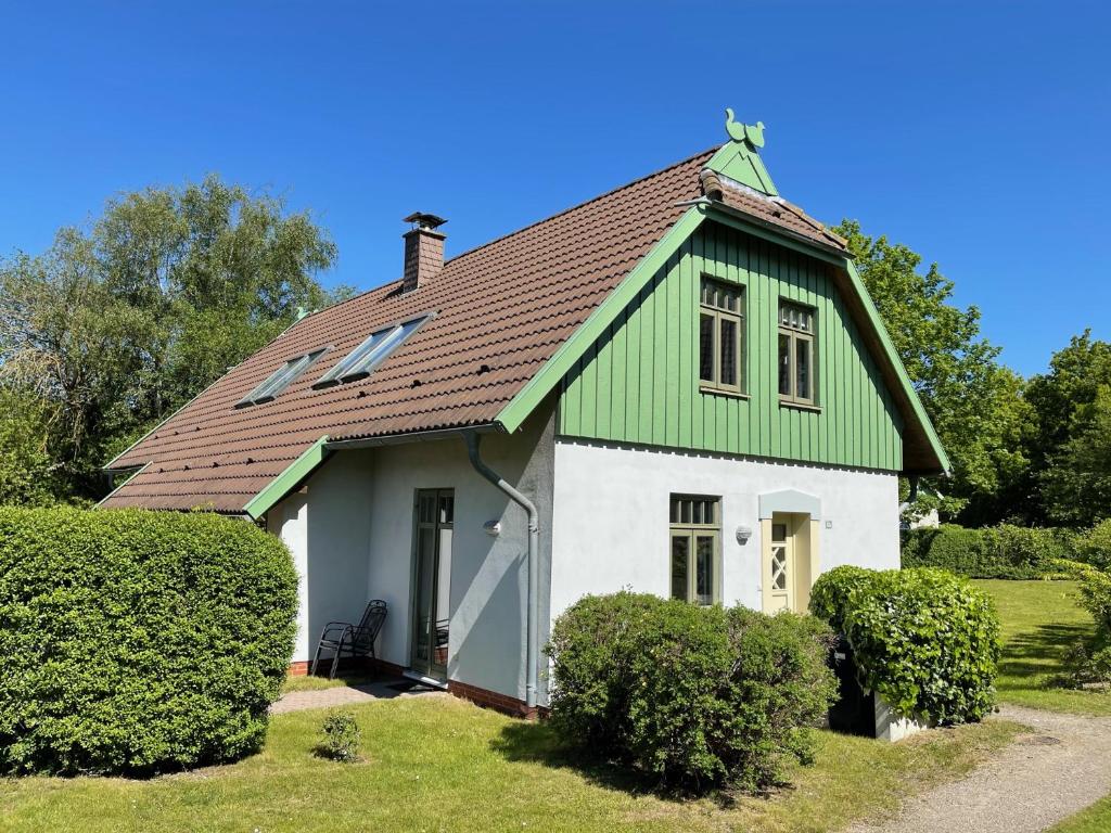 a small green and white house with bushes at Ferienhaussiedlung Strandperlen Sanddornhof 8b (Typ IX) in Wustrow