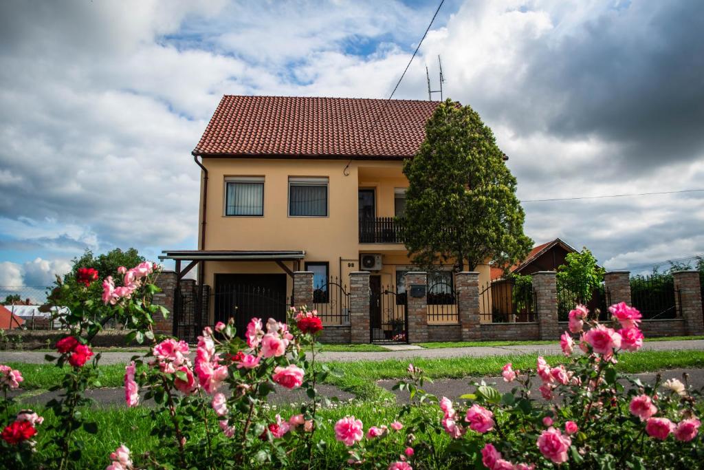 una casa con flores rosas delante de ella en Mónika Vendégház, en Mórahalom