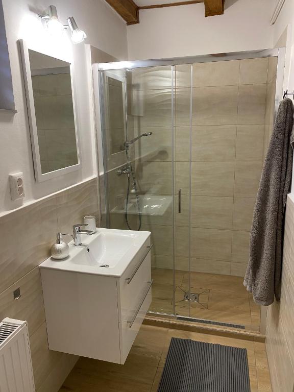 Kúpeľňa v ubytovaní Apartman Szanyi