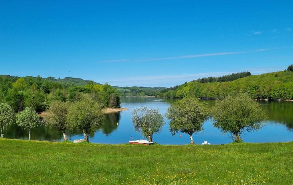 un lago con árboles en medio de un campo en Les Tables Aux Vaches - Maison d'Hôtes - Table d'Hôtes sous conditions, en La Salvetat-sur-Agout