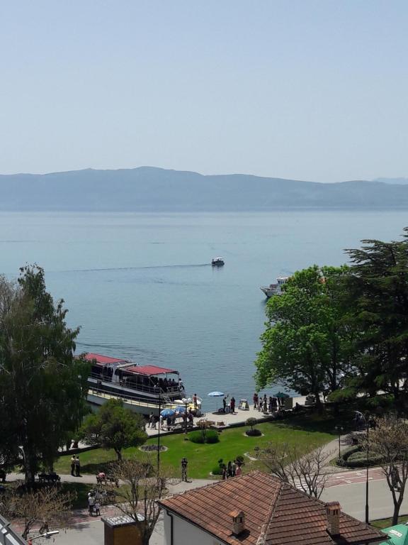 um grande corpo de água com um barco dentro em Apartman Edina em Ohrid