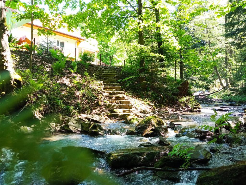 un ruisseau avec des escaliers menant à une maison dans l'établissement Przystanek Leśna, à Targanice