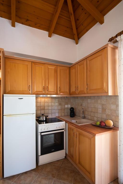 a kitchen with wooden cabinets and a white refrigerator at Delphinus Villa Nefeli in Agios Nikitas