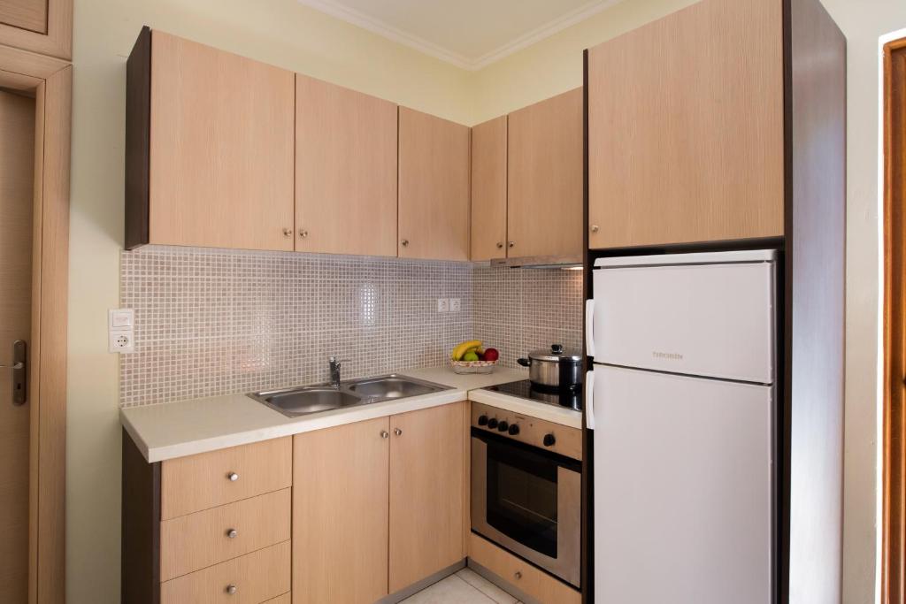 a kitchen with wooden cabinets and a white refrigerator at Delphinus Villa Nefeli in Agios Nikitas