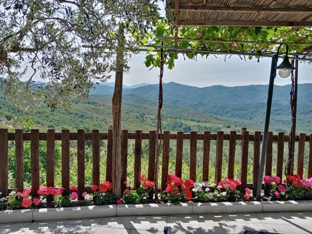 una recinzione con fiori e vista sulle montagne di Agriturismo Tre Morene a Monteforte Cilento