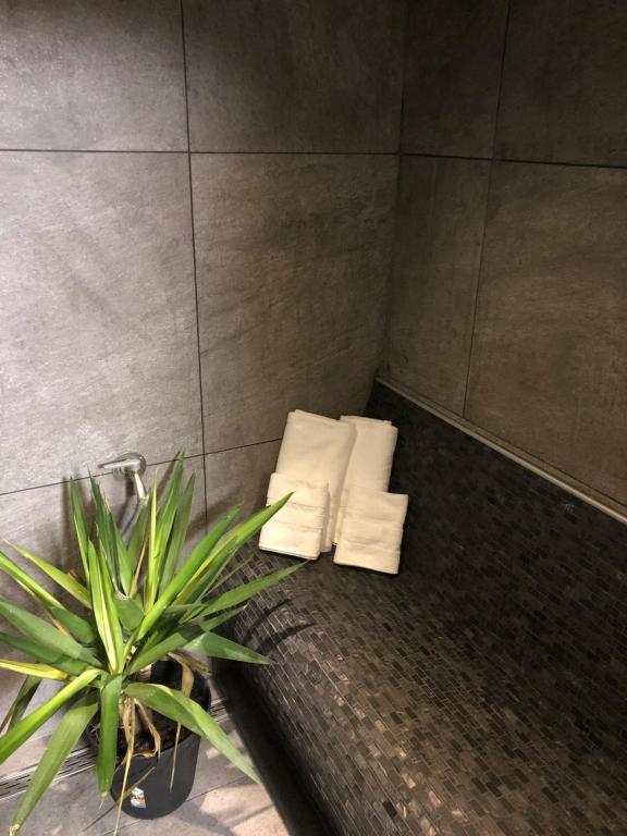 a bathroom with two folded towels and a plant at La villa 10 HÔTEL SPA in Étretat