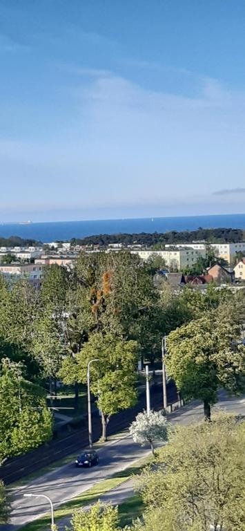 an aerial view of a street with trees and the ocean at Może nad morze in Gdańsk