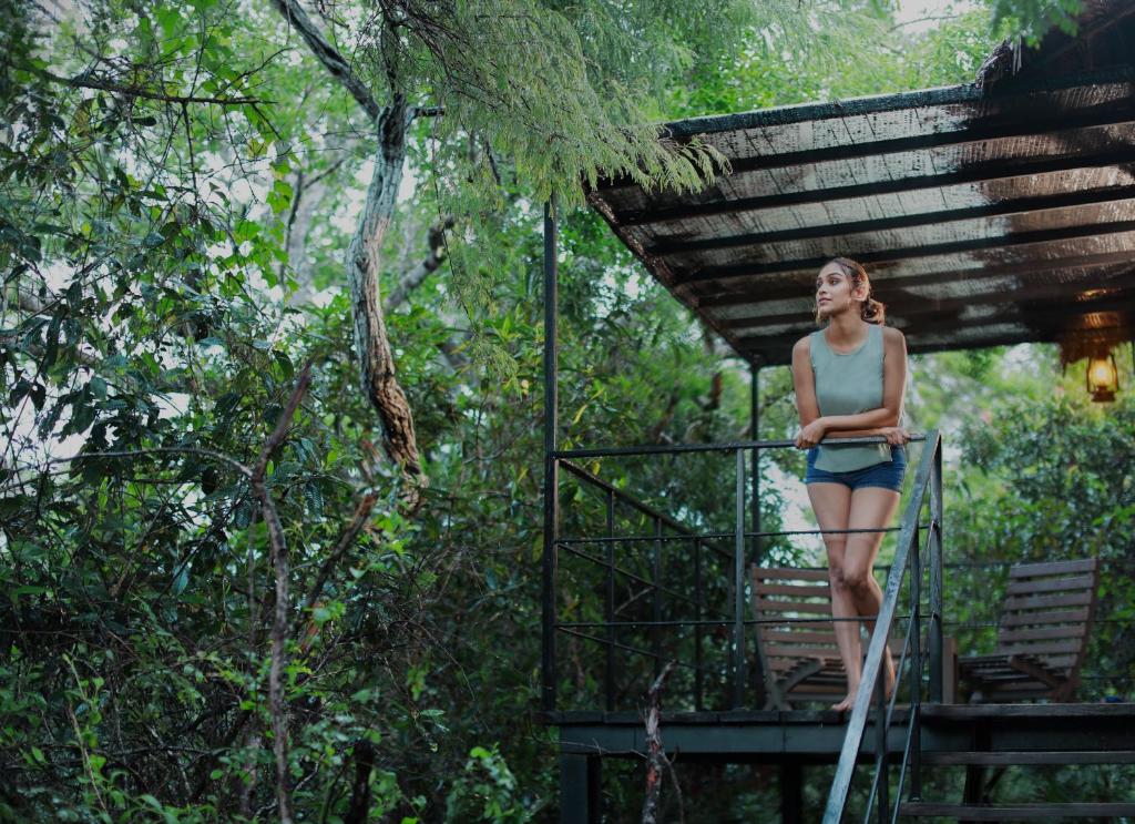 Una mujer parada en un puente en el bosque en The Backwaters Lodge en Wilpattu