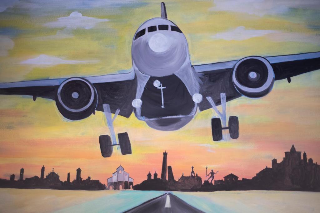 uma pintura de um avião voando no céu em FLY HOUSE BOLOGNA...un appartamento al volo em Bolonha