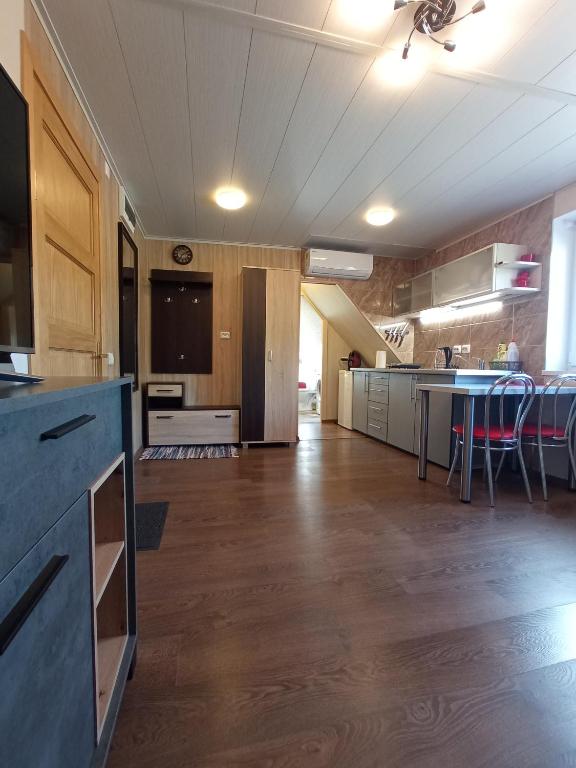 cocina grande con suelo de madera y encimera en Willow studio apartment in Klaipeda Oldtown, en Klaipėda