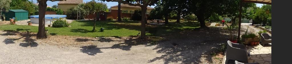 a yard with trees and a house in the background at Entre mer et lac Salagou in Saint-André-de-Sangonis