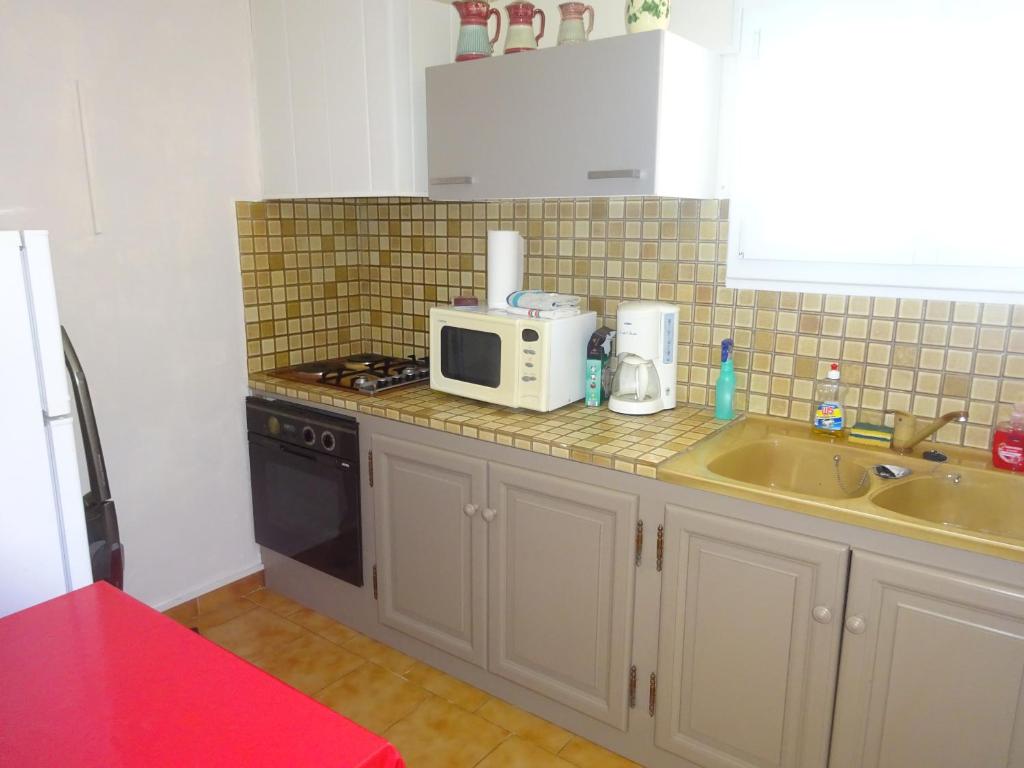 a kitchen with a microwave and a sink at Entre mer et lac Salagou in Saint-André-de-Sangonis