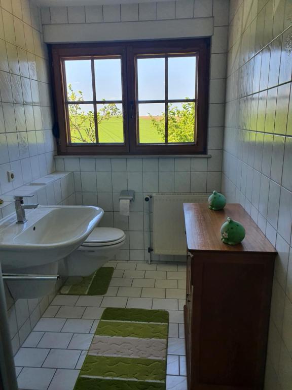 a bathroom with a sink and a toilet and a window at Ferienwohnung im Schwarzwaldhaus in Behla