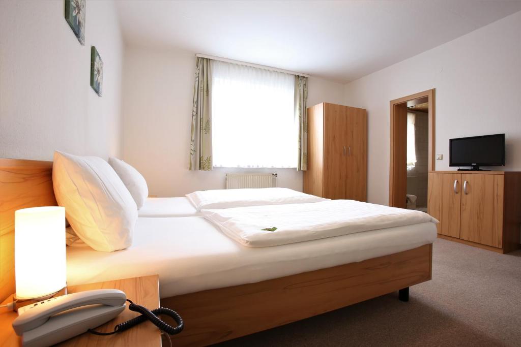 Schlafzimmer mit einem Bett, einem Telefon und einem Fenster in der Unterkunft Hotel Rhein-Ahr in Remagen