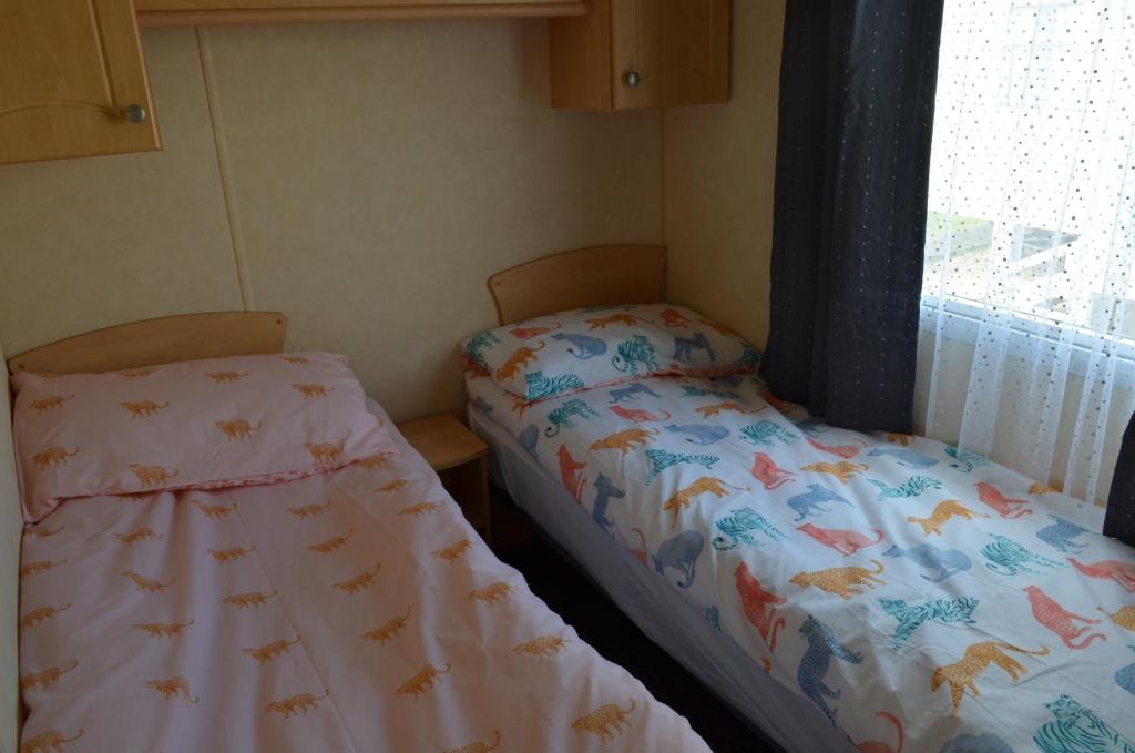 two twin beds in a room with a window at Golden Palm Resort Sherwood 6 Berth Club Tropicana Chapel St Leonards in Skegness