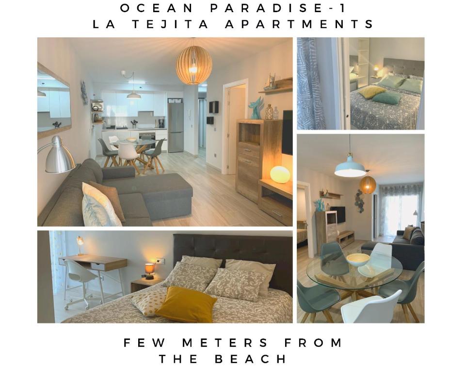 un collage de trois photos d'un salon et d'un appartement dans l'établissement Ocean Paradise 1 La Tejita few meters from the beach, à La Tejita