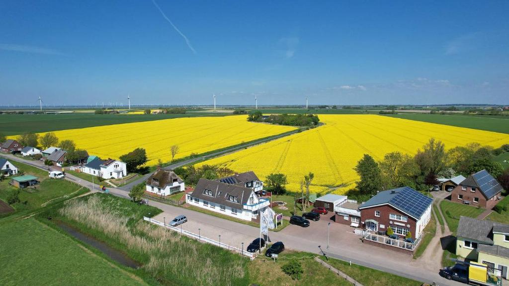 an aerial view of a town with a yellow rapeseed field at Hotel-Restaurant England in Nordstrand