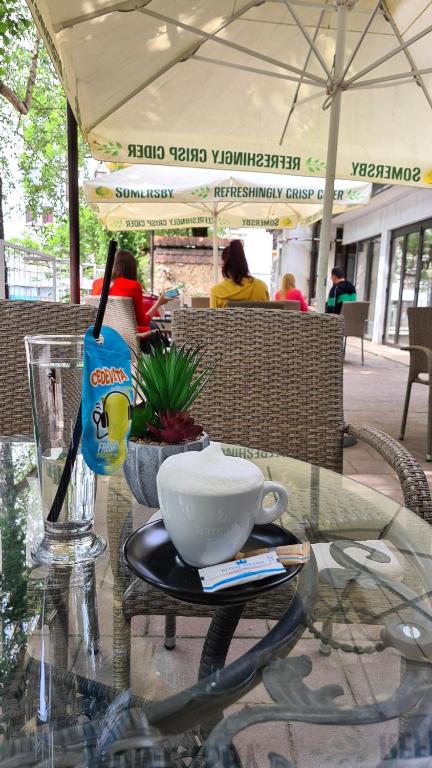 a glass table with a bowl and a cup on it at Hotel Royal Drina in Mali Zvornik