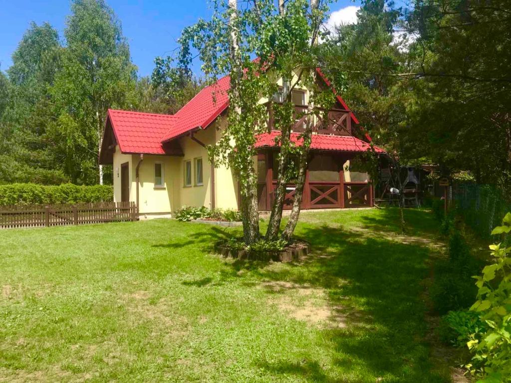 una casa con techo rojo y un árbol en el patio en DOMEK LETNISKOWY NA MAZURACH, en Wydminy