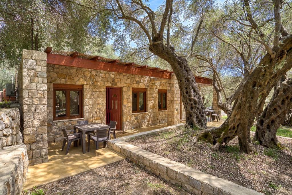 kamienny dom ze stołem, krzesłami i drzewem w obiekcie Stonehouse in Olives w Ulcinju