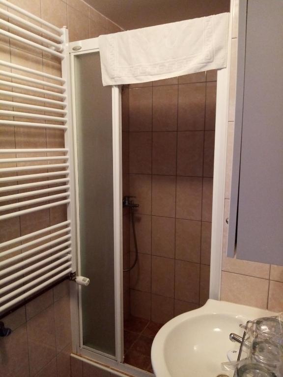 a bathroom with a shower and a sink at Apartman Potocki in Krapina