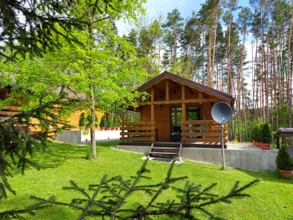 mały drewniany domek na dziedzińcu z drzewami w obiekcie DOMKI , Pokoje gościnne Ustronie w Zwierzyńcu