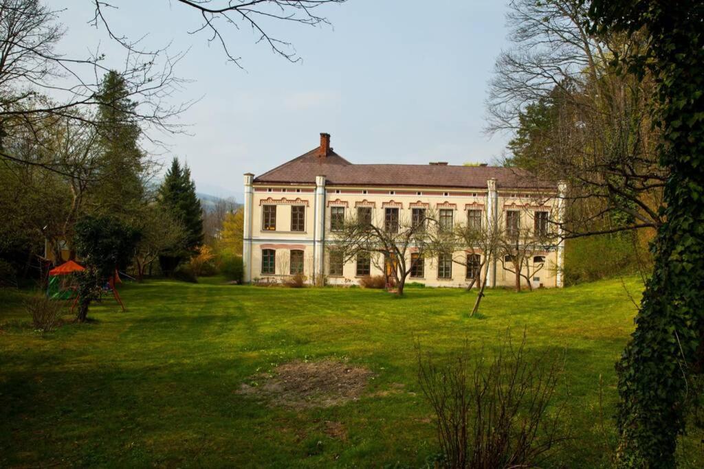 ein großes Haus auf einem Grasfeld davor in der Unterkunft Sisi-Schloss Rudolfsvilla - Qunitett in Reichenau