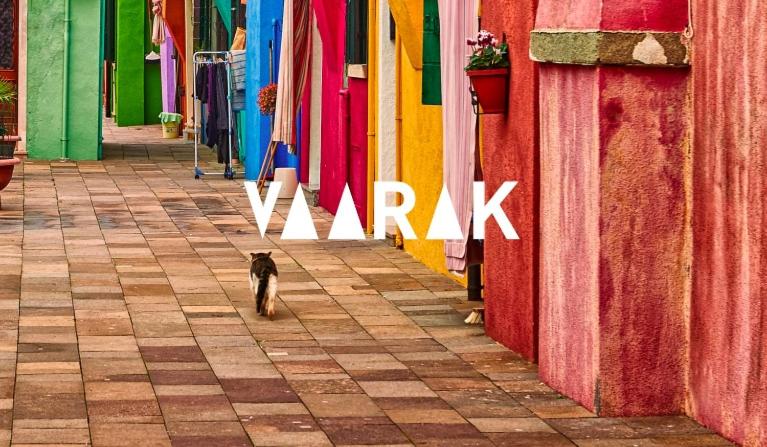 um gato a descer um passeio ao lado de um edifício colorido em VAARAK em Bosa